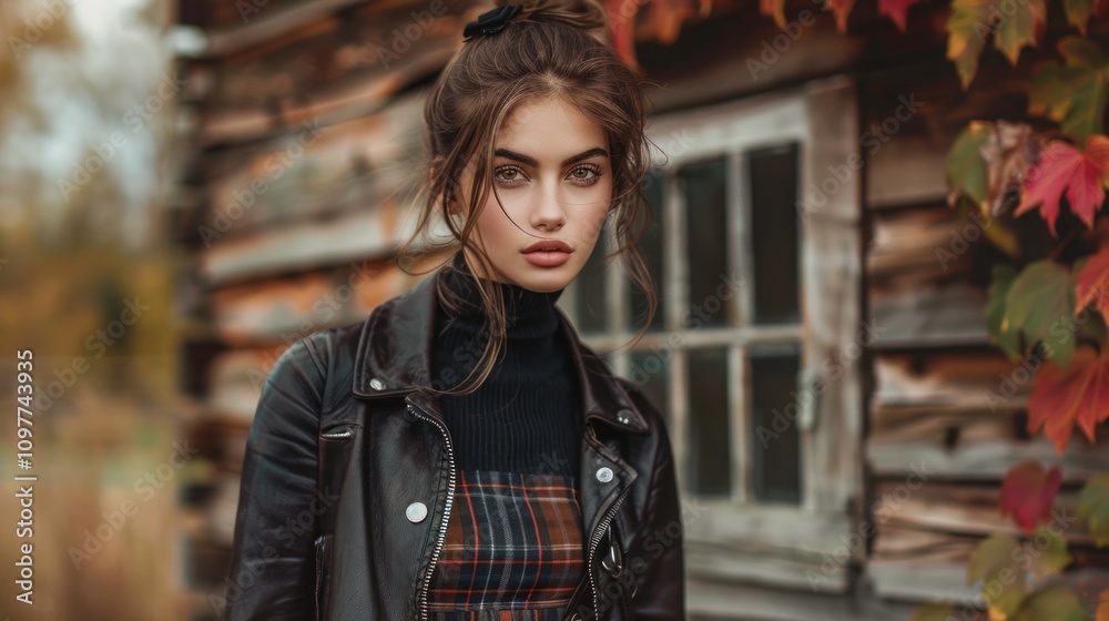 Young woman in leather jacket, autumn scene. Young woman in leather jacket, autumn scene.