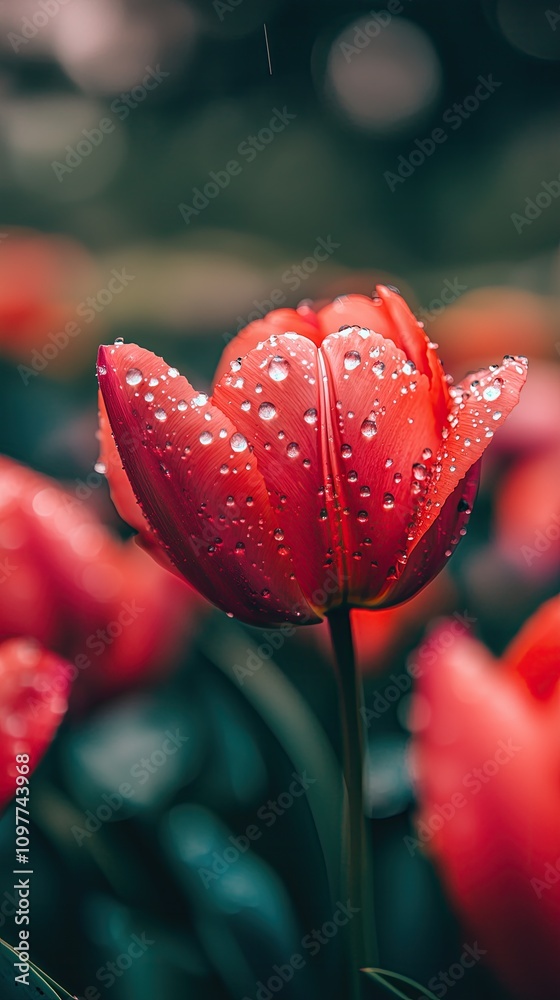 Close-up of a vibrant red tulip with water droplets on its petals, set against a blurred green and red background
Close-up of a vibrant red tulip with water droplets on its petals, set against a blurred green and red background