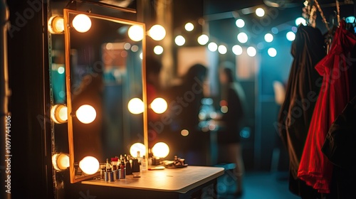 Illuminated mirror on a table with makeup in a backstage dressing room with a blurred background and soft atmospheric lighting
