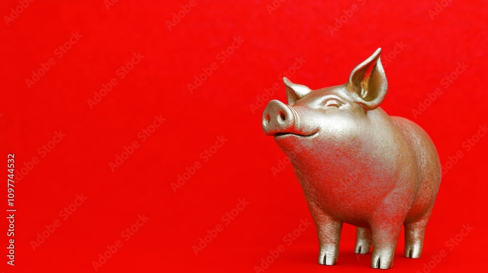Obraz premium golden pig, solid red background, copy space