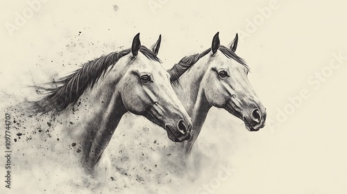 Black and White Horse Portraits in Ink Sketch Style on Cream Background - Elegant Candid Photography of Majestic Equines Highlighting Their Beauty and Poise photo