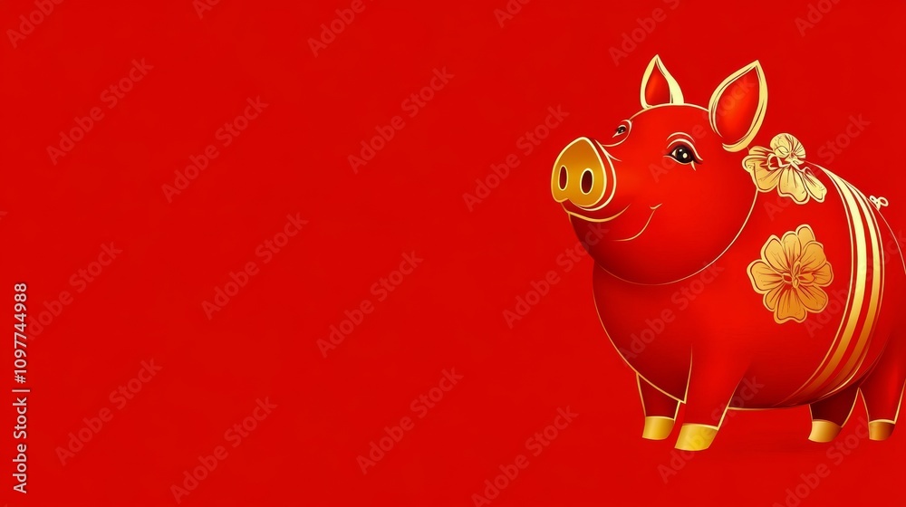 Obraz premium golden pig, solid red background, copy space