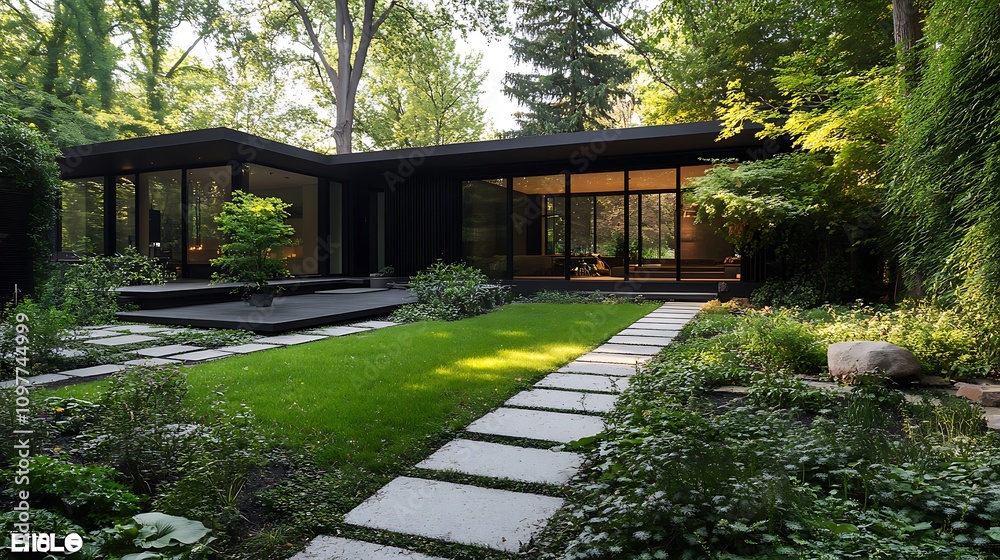 5. A minimalist house with clean lines and a spacious outdoor area with greenery and stone pathways 5. A minimalist house with clean lines and a spacious outdoor area with greenery and stone pathways