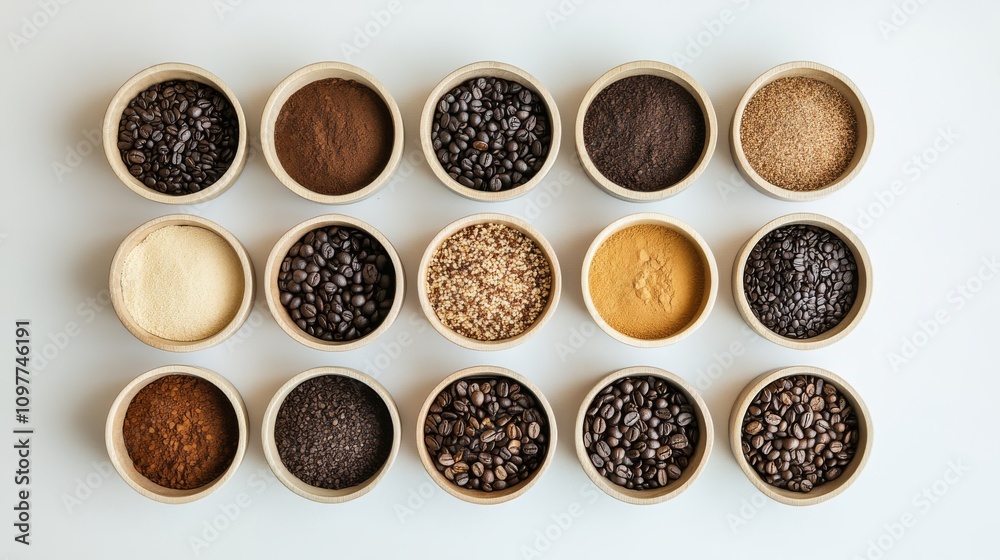 A flat lay composition featuring a variety of coffee beans, grounds, and spices arranged neatly in wooden bowls. The warm tones and textures of the ingredients create a visually appealing and earthy A flat lay composition featuring a variety of coffee beans, grounds, and spices arranged neatly in wooden bowls. The warm tones and textures of the ingredients create a visually appealing and earthy