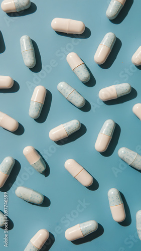 A flat lay of various capsules scattered on a blue background. The capsules have a two-tone design, with some featuring a light blue top and white bottom, while others are solid white.