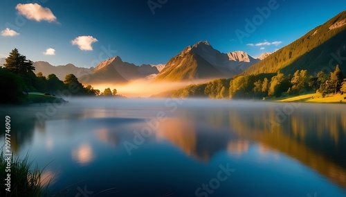 Serene Mountain Lake Sunrise Reflection Landscape