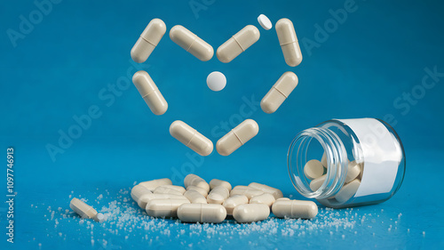 A creative arrangement of beige capsules forming a heart shape above a spilled jar of pills, with white tablets scattered on a blue background. photo