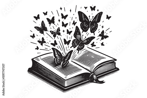 Black and white illustration of an open book with butterflies flying out, symbolizing imagination, creativity, and the transformative power of stories.