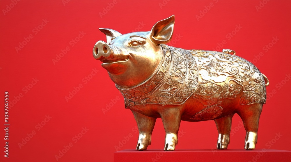 Obraz premium golden pig, solid red background, copy space
