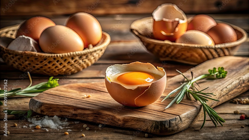 Candid Close-Up of Shell and Cooked Egg with Natural Light, Textures, and Colors that Highlight the Beauty of Breakfast in a Rustic Kitchen Setting Candid Close-Up of Shell and Cooked Egg with Natural Light, Textures, and Colors that Highlight the Beauty of Breakfast in a Rustic Kitchen Setting