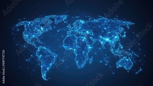 Illuminated digital world map showcasing global connectivity through a network of blue lines and nodes.