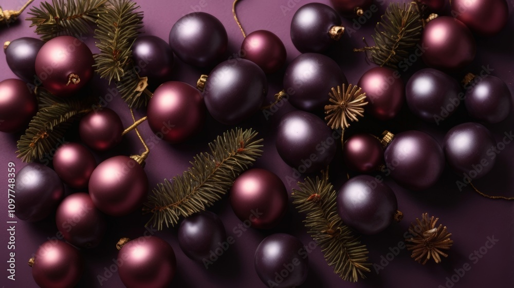 Purple damson metallic Christmas scene with red and gold holiday decorations Purple damson metallic Christmas scene with red and gold holiday decorations