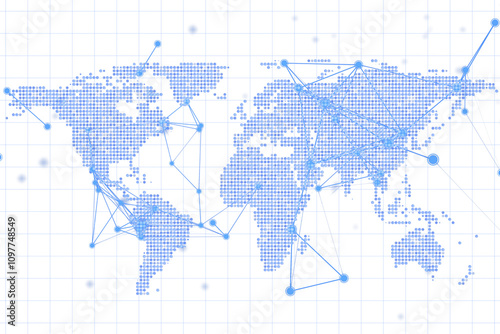 Billede på lærred Abstract digital world map with dotted continents, connected nodes, grid background, light blue lines