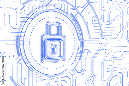 Lock icon with circuit board lines on white, holographic blue aesthetic, symbolizing online security, data protection, and technology. 3D Rendering. photo