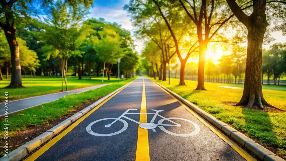 Obraz premium Bicycle Sign on Two-Way Cycling Path in Park - Road Split by Yellow Line - Urban Mobility, Cycling Safety, Recreational Spaces, Eco-Friendly Transport, Public Parks, Outdoor Activities