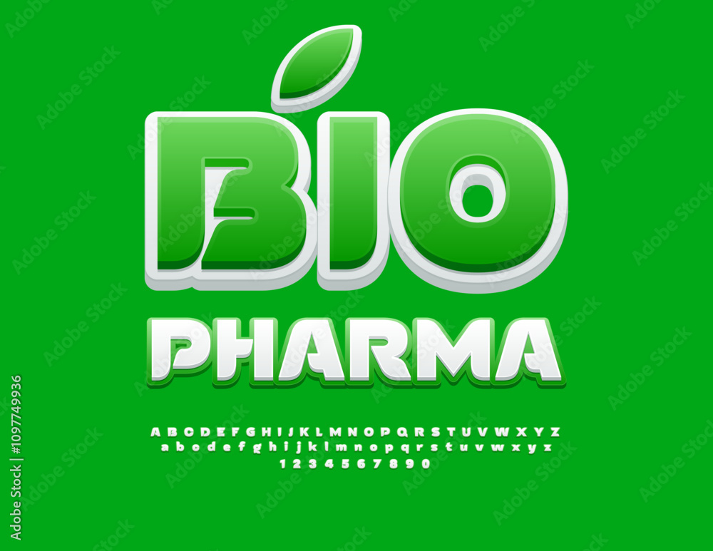 Vector quality badge Bio Pharma. White Stylish Font. Artistic Alphabet Letters and Numbers set. Vector quality badge Bio Pharma. White Stylish Font. Artistic Alphabet Letters and Numbers set.