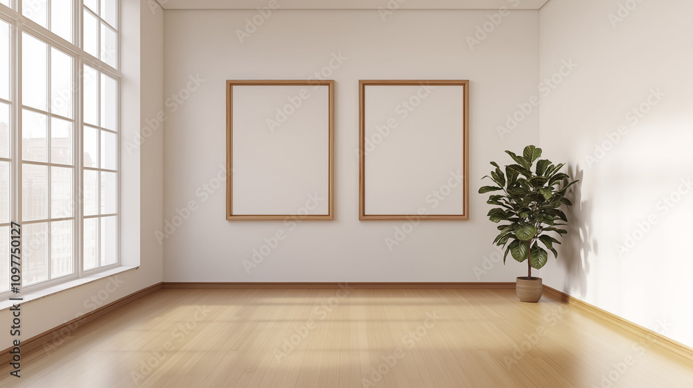 Two blank picture frame scenes on the wall of a cozy room
Two blank picture frame scenes on the wall of a cozy room