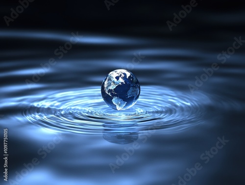 A globe floats in calm water, creating ripples, symbolizing the interconnectedness of the world and nature. photo