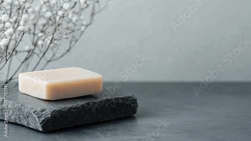 A bar of soap sits on a stone slab next to a bunch of white flowers photo