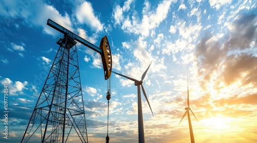 Oil Pump Jack   Wind Turbines at Sunset  Energy Transition