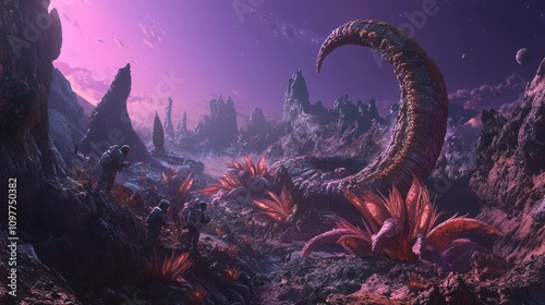 A team of astronauts discovering alien flora and fauna on an exoplanet. Show unique, colorful plant-like structures and strange life forms in a rocky, desolate landscape with a dim, purple sky.  photo