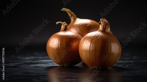 Three Brown Onions on Black Background. Concept of healthy food, cooking, and ingredient. photo