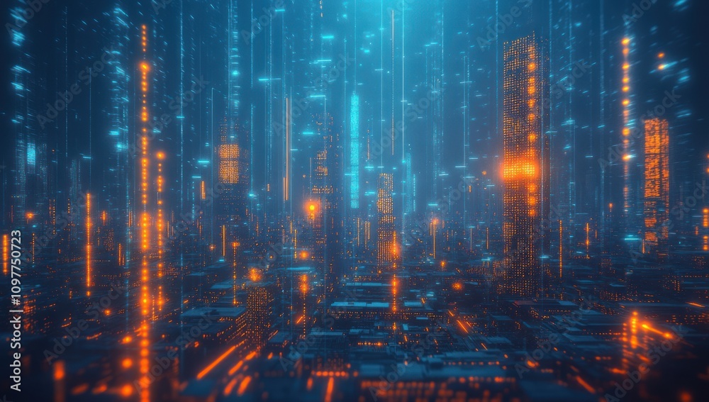 Futuristic Cityscape with Digital Rain Futuristic Cityscape with Digital Rain