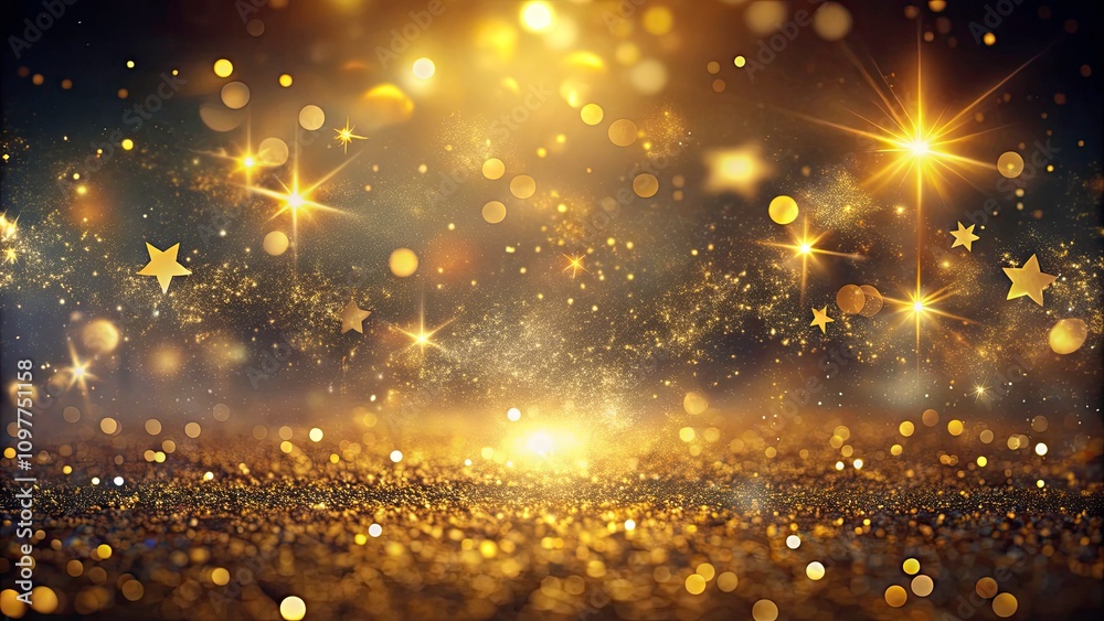 Aerial Photography of Gold Glittering Star Light and Bokeh Effects for Magical Dust Abstract Backgrounds Ideal for Product Showcases and Creative Design Projects