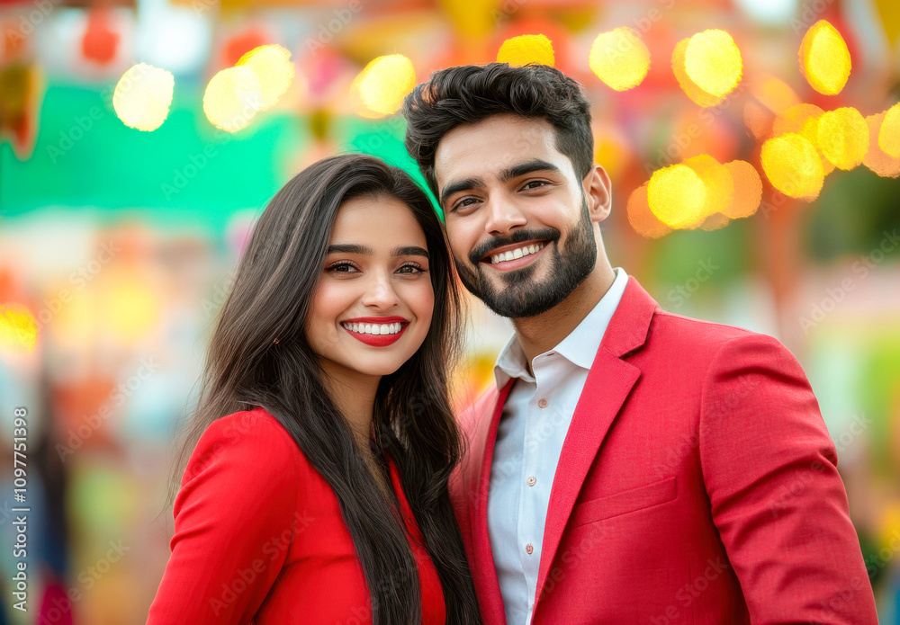 young indian couple standing on lights and decorations background young indian couple standing on lights and decorations background