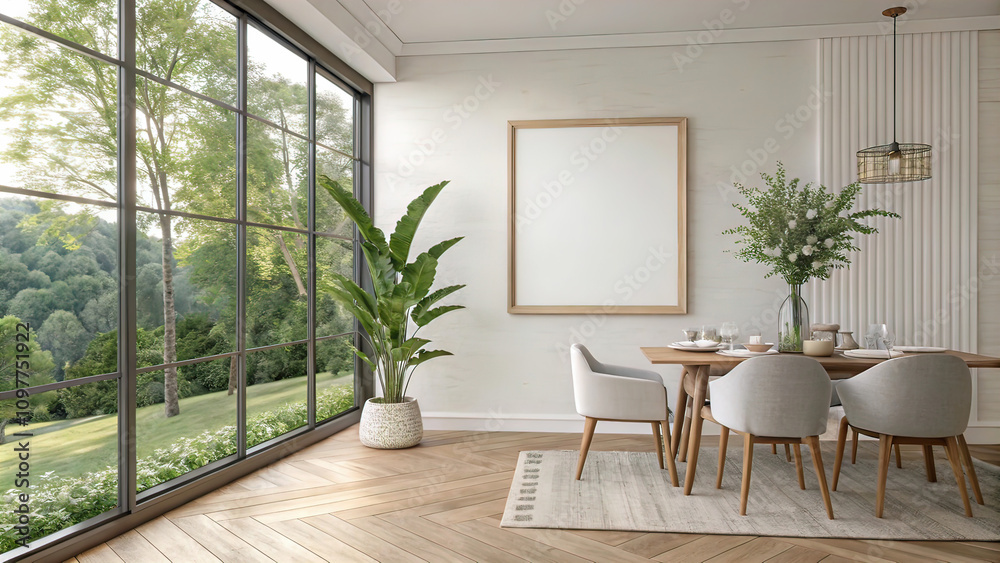 Fototapeta premium View of light wall with empty white frame in interior of eco-dining room in house, wooden table with chairs, 3D rendering,