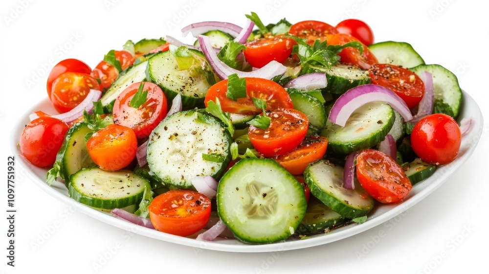 A refreshing cucumber and tomato salad with sliced cucumbers, cherry tomatoes, red onions