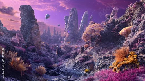 A team of astronauts discovering alien flora and fauna on an exoplanet. Show unique, colorful plant-like structures and strange life forms in a rocky, desolate landscape with a dim, purple sky.  photo