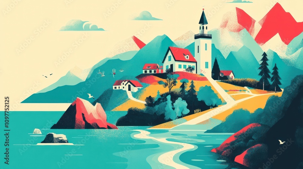 Naklejka premium Coastal Village Serenity: A picturesque seaside town nestled amongst majestic mountains, a vibrant illustration of tranquility and natural beauty.