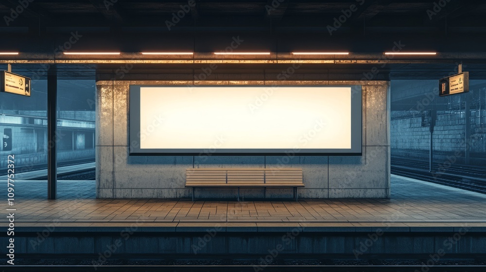 A blank billboard mockup framed by minimalist train station architecture, with soft ambient lighting A blank billboard mockup framed by minimalist train station architecture, with soft ambient lighting