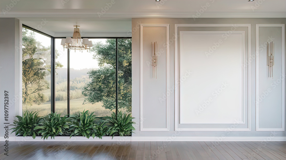 Fototapeta premium View of light wall with empty white frame in interior of eco-dining room in house, wooden table with chairs, 3D rendering,