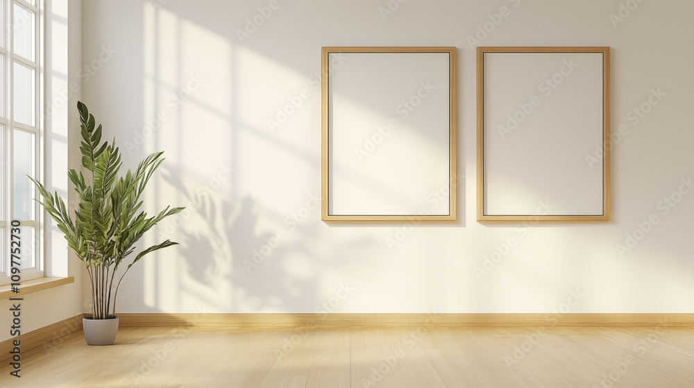 Two blank picture frame scenes on the wall of a cozy room
Two blank picture frame scenes on the wall of a cozy room