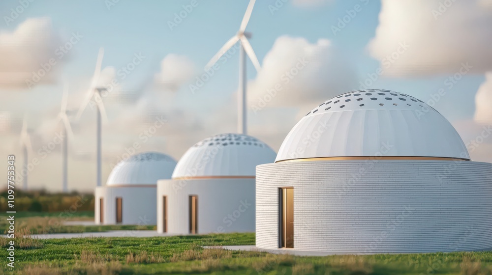 Sustainable energy future wind farms and eco homes green landscape aerial view Sustainable energy future wind farms and eco homes green landscape aerial view