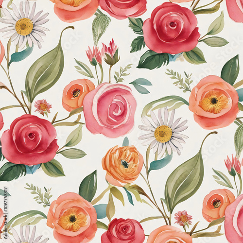 Wallpaper Mural Beautiful Floral Pattern Featuring Pink and Red Roses and Yellow Daisies on a White Background Torontodigital.ca