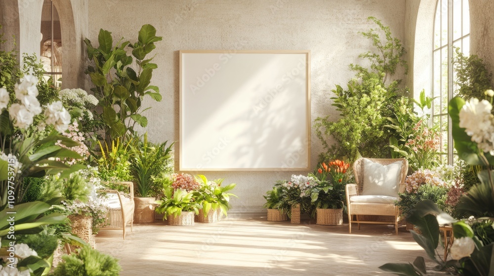A bright and airy flower shop with a blank lightbox mockup, cozy seating, and lush greenery creating a welcoming atmosphere A bright and airy flower shop with a blank lightbox mockup, cozy seating, and lush greenery creating a welcoming atmosphere