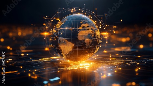 Global Network Digital World Interconnected Data Streams Orange Glow Futuristic Earth