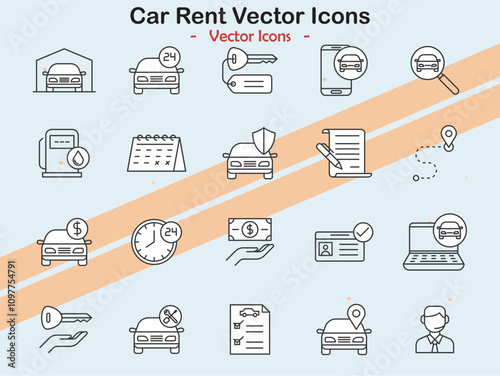 Icons illustrating car rental and transportation themes in vector style