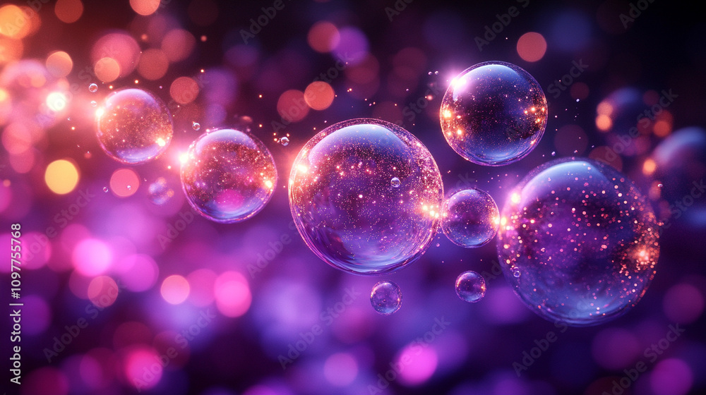 liquid bubbles floating in the air with a blurred purple background, symbolizing fluidity, lightness, and the ephemeral nature of moments