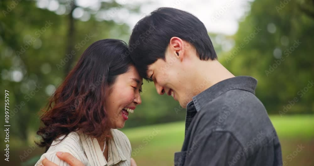 Japanese couple, love and laugh in park for forehead touch, relationship and romance outdoor with joy. Asian Man, woman and happy for care, bonding and valentines day with support, partner or date Japanese couple, love and laugh in park for forehead touch, relationship and romance outdoor with joy. Asian Man, woman and happy for care, bonding and valentines day with support, partner or date