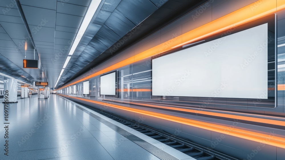 A transparent train station billboard mockup in a brightly lit terminal, showcasing clean and contemporary details A transparent train station billboard mockup in a brightly lit terminal, showcasing clean and contemporary details