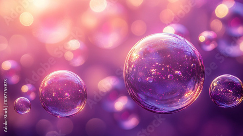 liquid bubbles floating in the air with a blurred purple background, symbolizing fluidity, lightness, and the ephemeral nature of moments