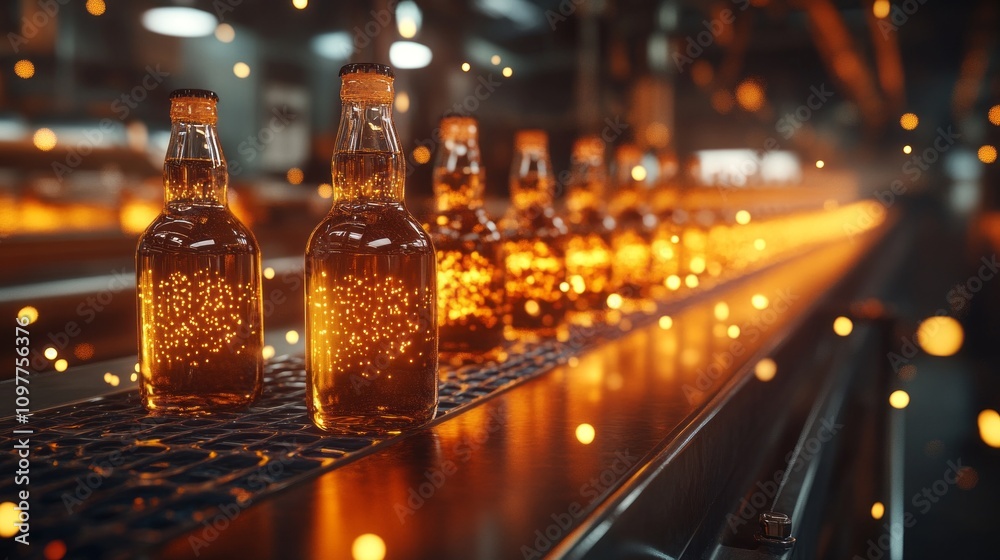 A row of beer bottles are on a conveyor belt A row of beer bottles are on a conveyor belt