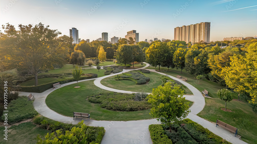 Naklejka premium View of serene park with winding paths and lush greenery surrounded by trees, cozy urban environment, place to relax in the city
