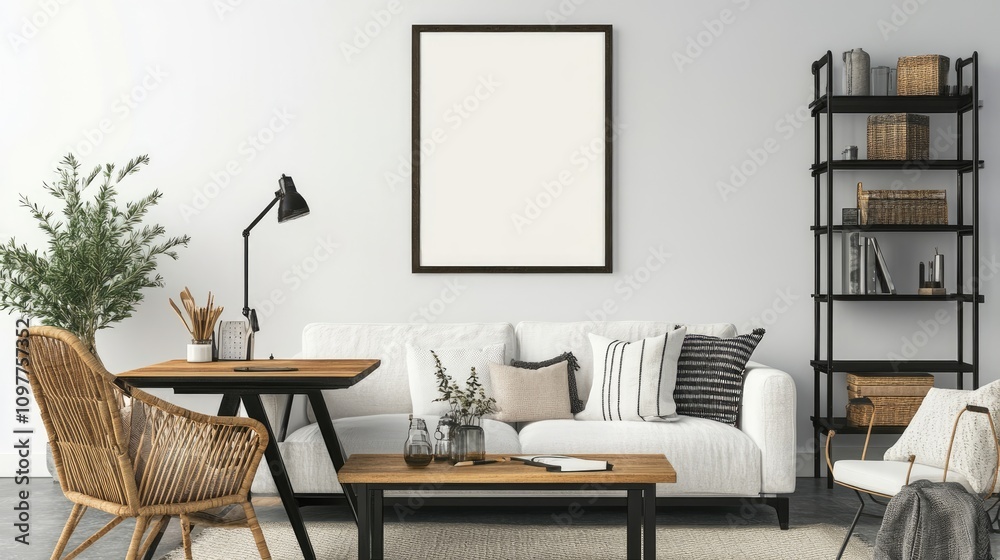 Interior design of workspace interior with mock up poster frame, wooden desk, stylish lamp, modular sofa, black rack, rattan armchair, pillows and personal accessories. Home decor. Template Interior design of workspace interior with mock up poster frame, wooden desk, stylish lamp, modular sofa, black rack, rattan armchair, pillows and personal accessories. Home decor. Template