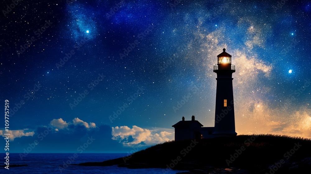 Lighted lighthouse on a coast at night under a starry sky. Lighted lighthouse on a coast at night under a starry sky.