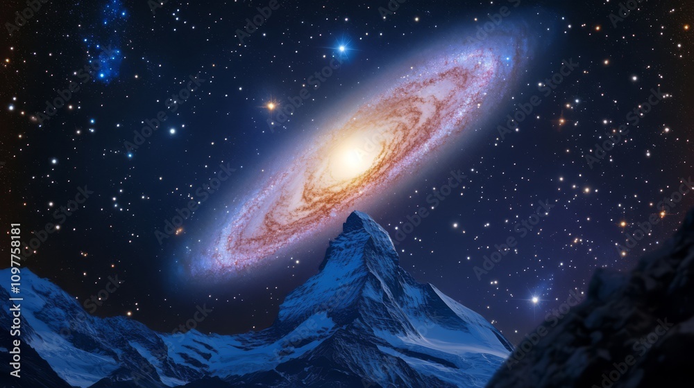 Majestic galaxy rising above snow-capped mountains at night. Majestic galaxy rising above snow-capped mountains at night.